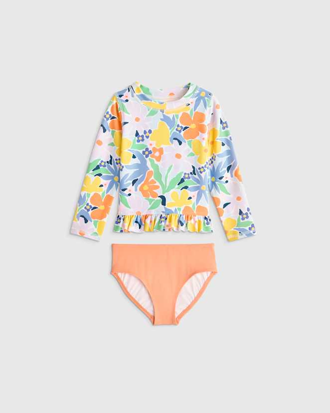 Poolside Floral Long Sleeve Ruffle Rash Guard Two-Piece Swimsuit