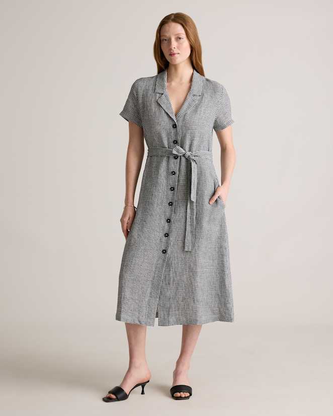 Classic Mini Gingham 100% European Linen Button Front Dress