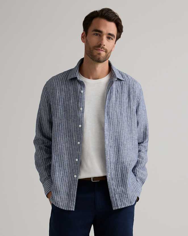 Chambray Stripe 100% European Linen Relaxed Long Sleeve Shirt