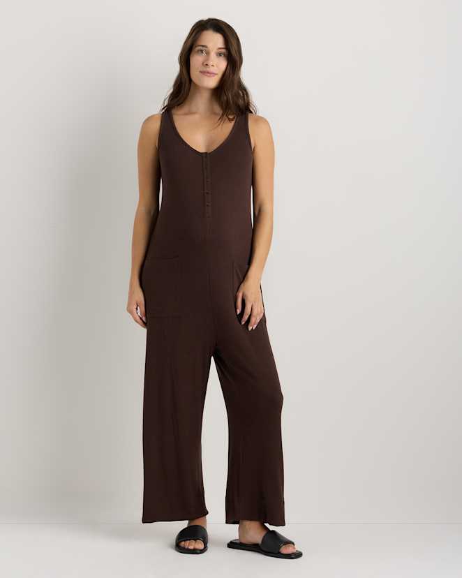 Coffee Bean Brown Bamboo Rib Maternity Button Front Jumpsuit