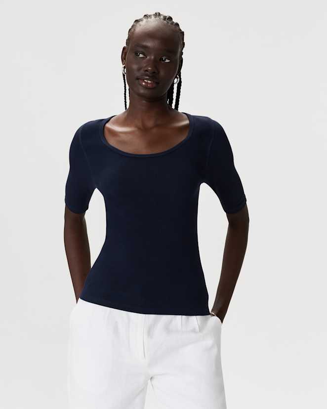 Deep Navy Organic Cotton Micro-Rib Elbow Sleeve Tee