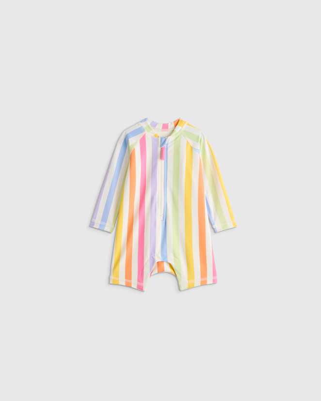 Rainbow Stripe Long Sleeve Zip-Up Rash Guard One-Piece