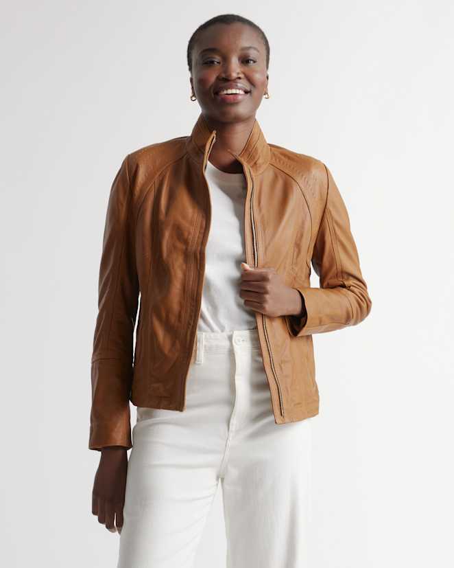 Cognac 100% Leather Stand-Collar Jacket