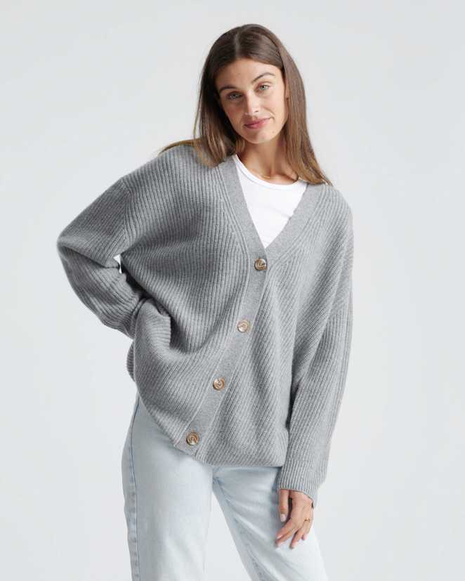 Heather Grey Mongolian Spring Cashmere Oversized Boyfriend Cardigan Sweater