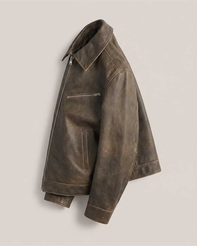 Distressed Brown 100% Leather Oversized Bomber Jacket