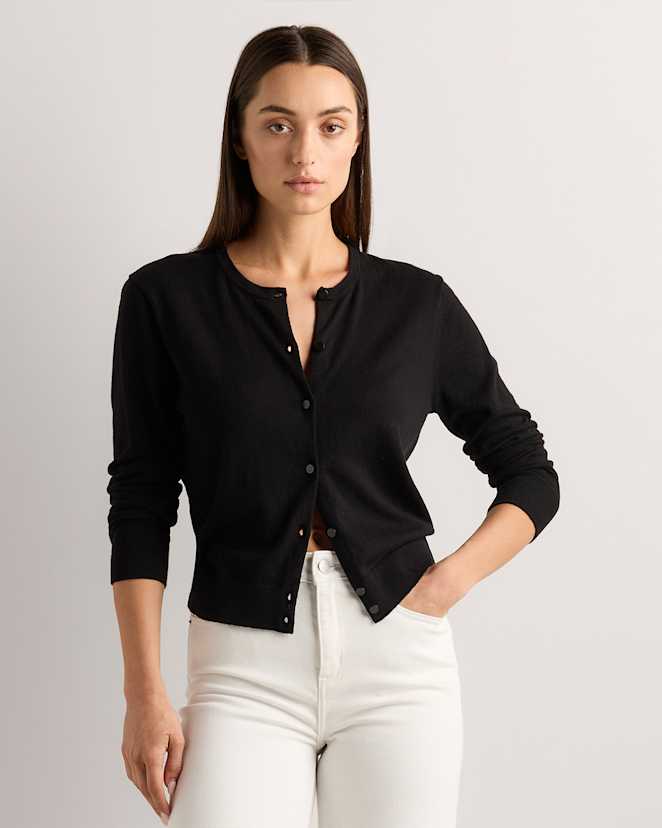 Black Cardigan léger à col rond en coton et cachemire