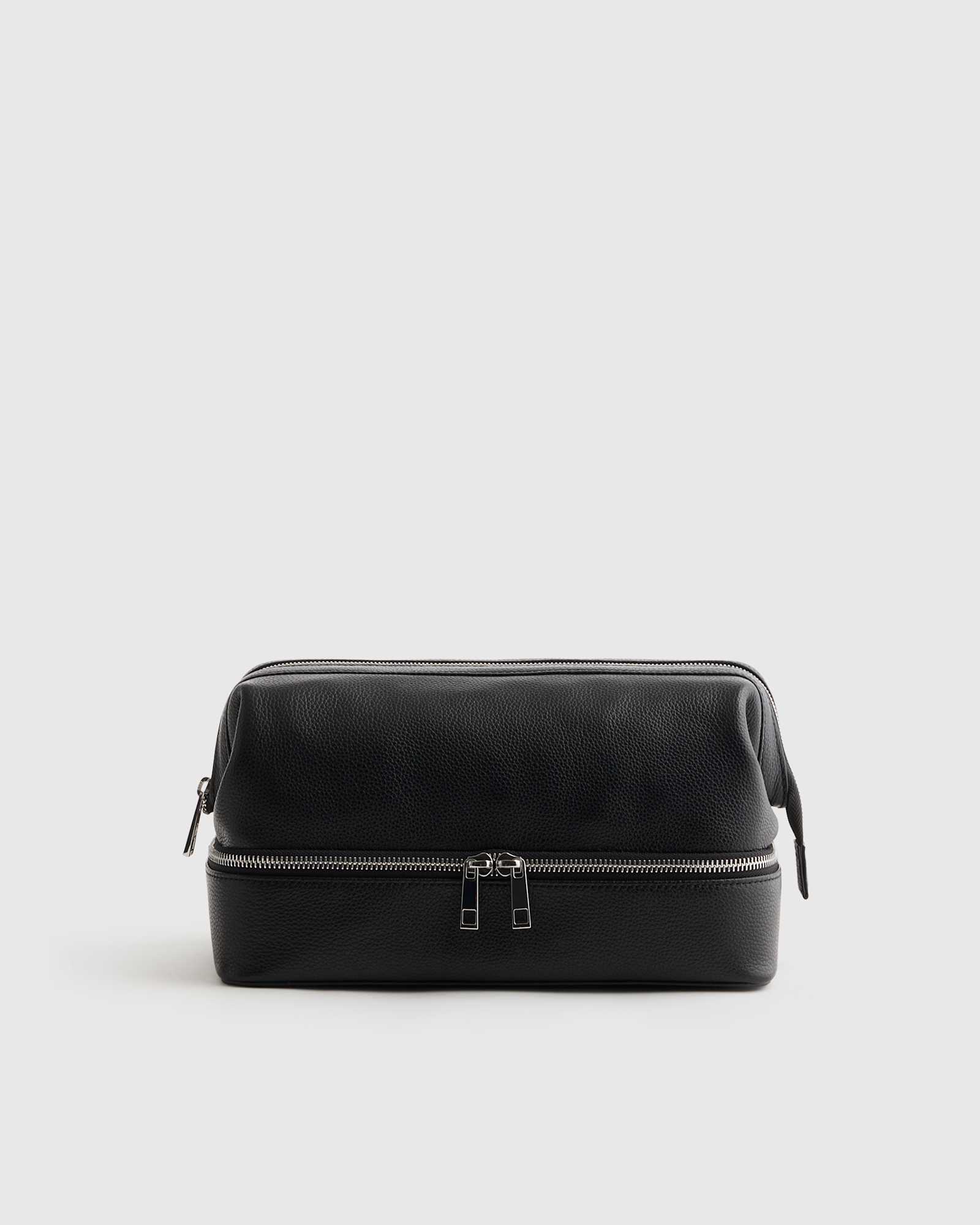 Black Italian Leather Dual Compartment Toiletry Bag