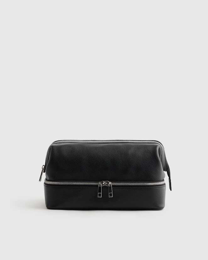 Black Italian Leather Dual Compartment Toiletry Bag