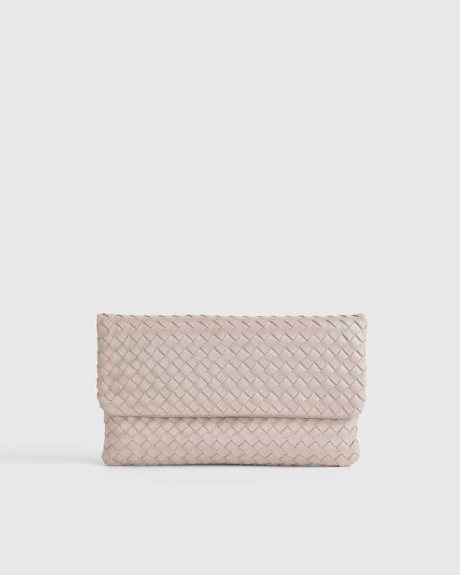 Taupe Italian Leather Handwoven Convertible Clutch
