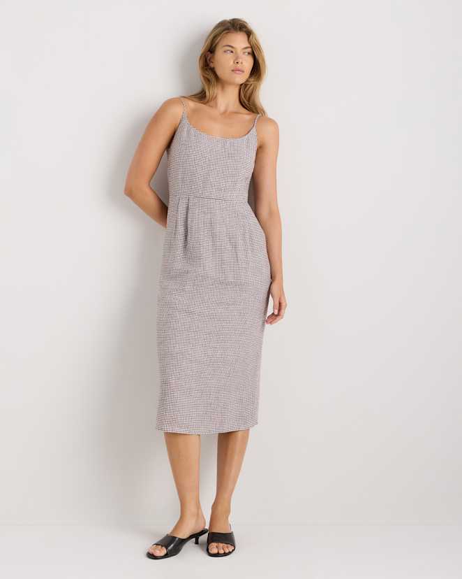 Taupe Brown Gingham 100% European Linen Scoop Neck Midi Dress