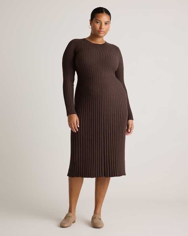 Mocha Heather Cotton Cashmere Ribbed Long Sleeve Crew Midi Dress