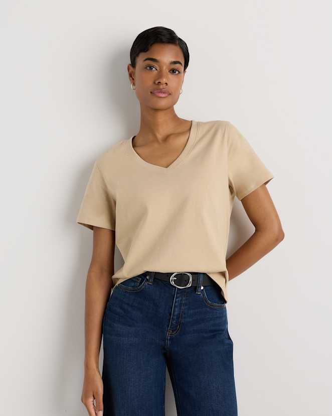 Dusty Beige 100% Organic Cotton Boxy V-Neck Tee