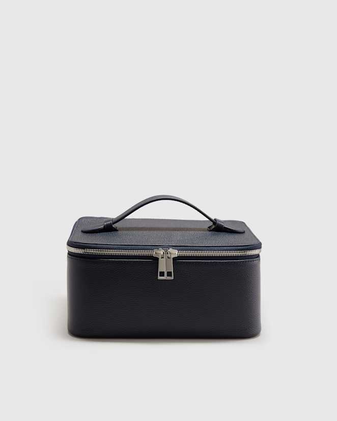 Deep Navy Italian Leather Travel Cosmetic Case