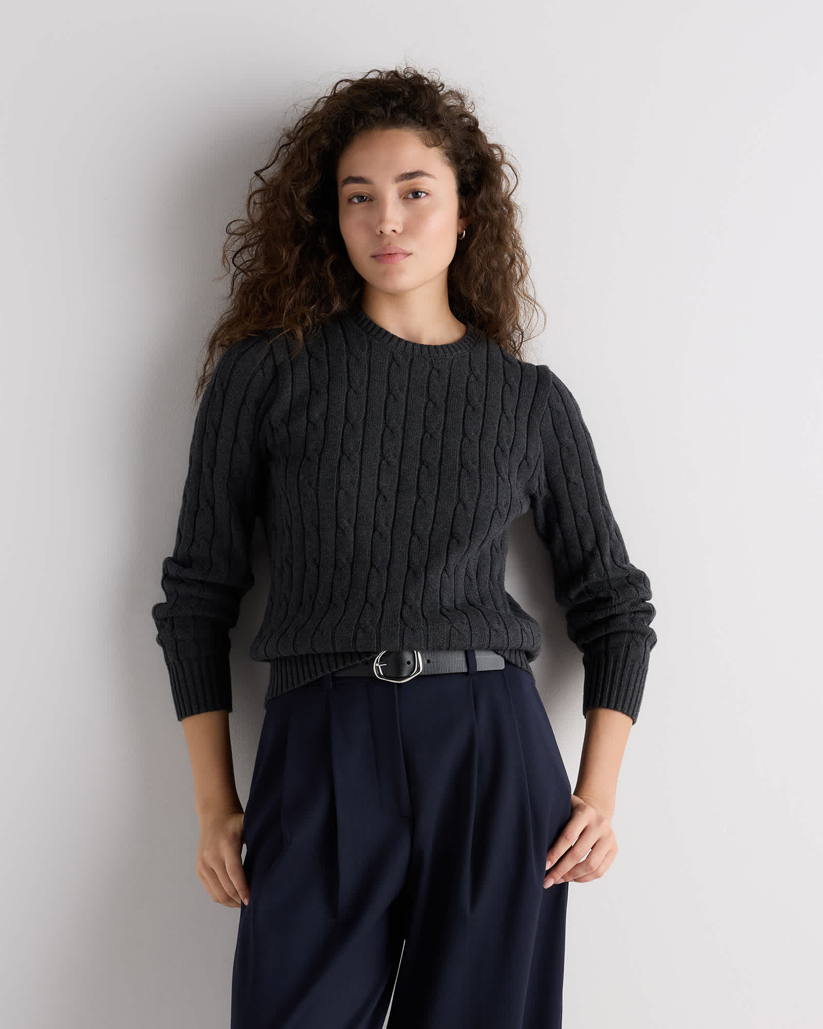 Charcoal 100% Organic Cotton Cable Crewneck Sweater