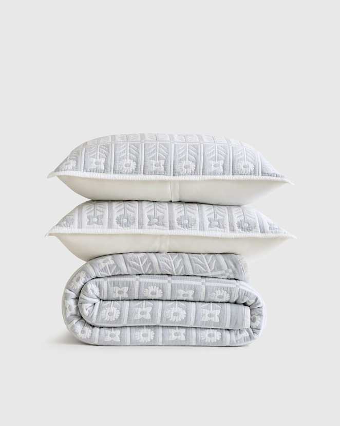 Blue Fog Organic Cotton Jacquard Floral Coverlet Set
