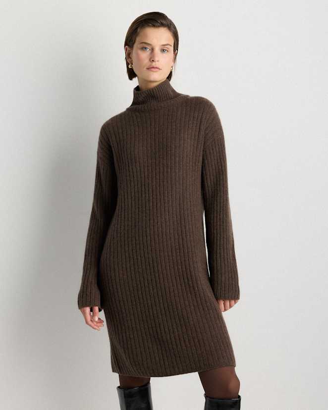 Brown Mongolian Cashmere Ribbed Turtleneck Mini Dress