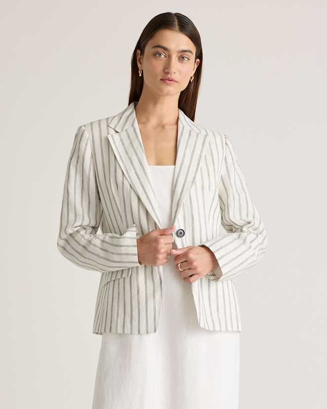 Oatmeal / Black Stripe 100% European Linen Structured Blazer