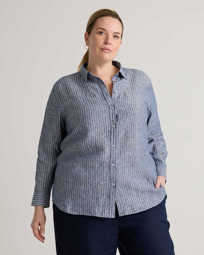 Chambray Stripe 100% European Linen Long Sleeve Shirt