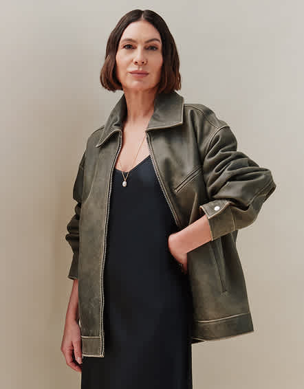 Distressed Brown 100% Leather Oversized Bomber Jacket