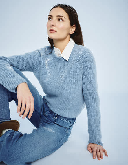 Faded Denim Mongolian Cashmere Fisherman Crewneck Sweater