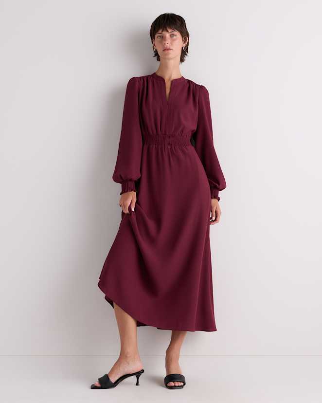 Cabernet Red Matte Crepe Long Sleeve Midi Dress