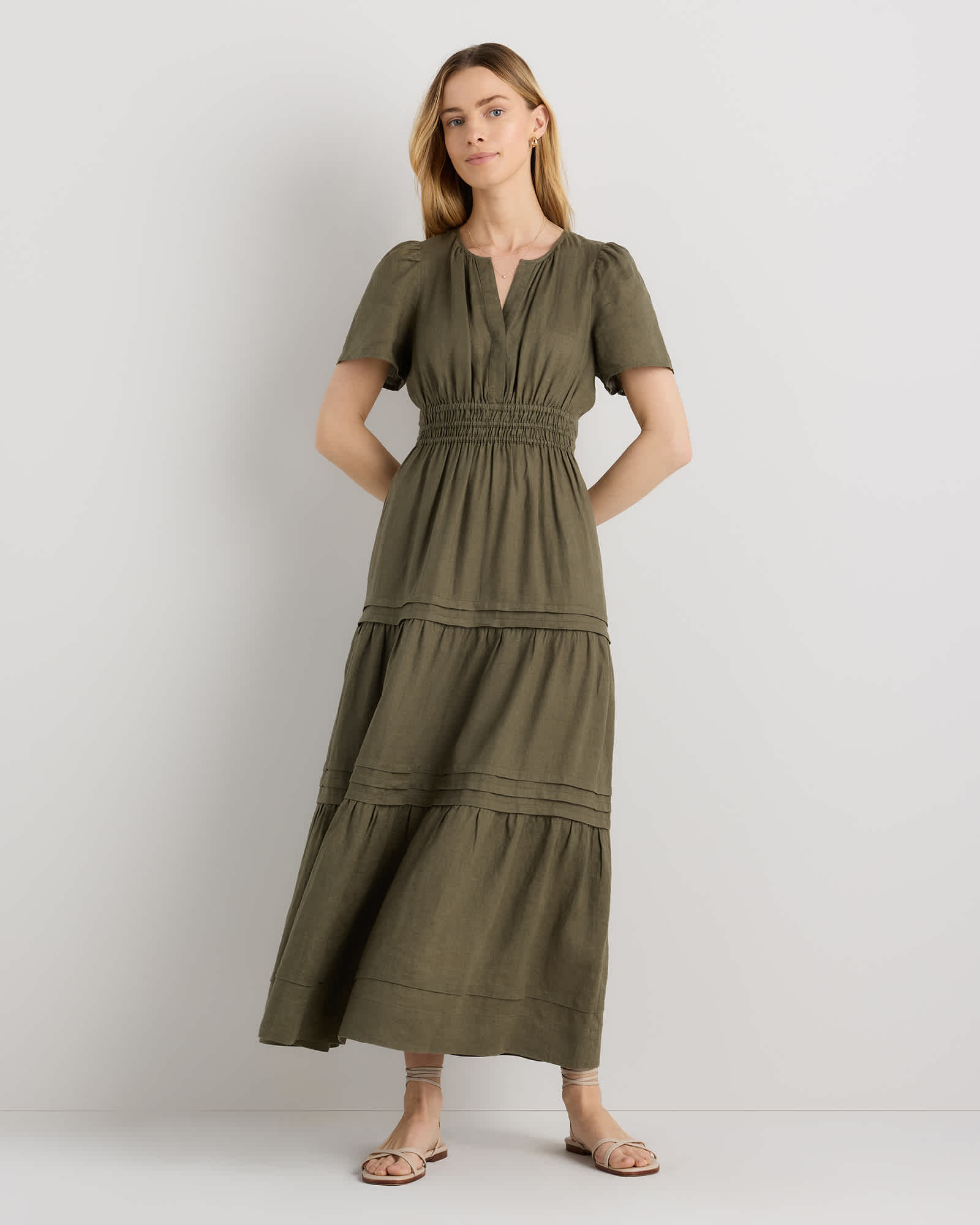 bayberry-olive 100% European Linen Tiered Maxi Dress