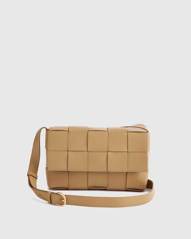 Golden Tan Italian Leather Handwoven Flap Crossbody