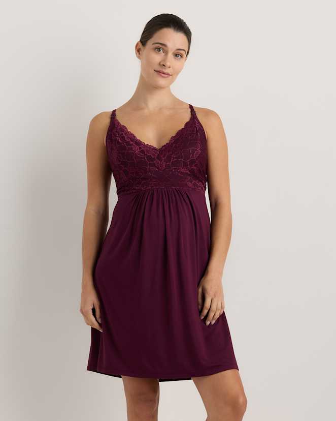 Wine Tasting Red Bamboo Jersey Lace Detail Maternity & Nursing Nightgown