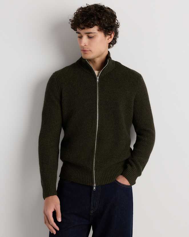 Olive Twist Mongolian Cashmere Fisherman Full Zip Sweater
