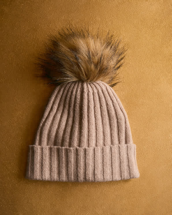 pom pom beanie Oatmeal Mongolian Cashmere Pom Pom Beanie