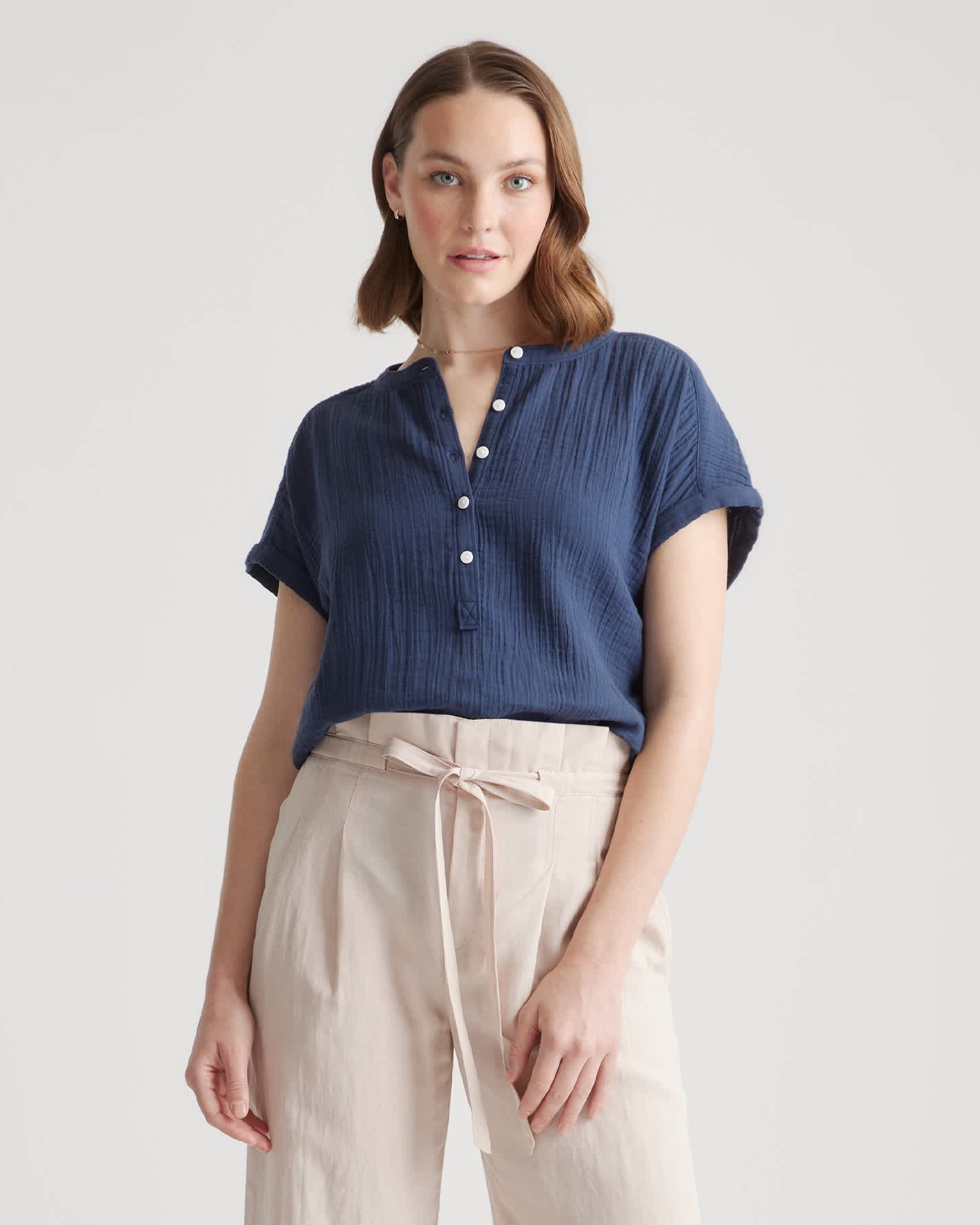 indigo-blue 100% Organic Cotton Gauze Roll Sleeve Shirt