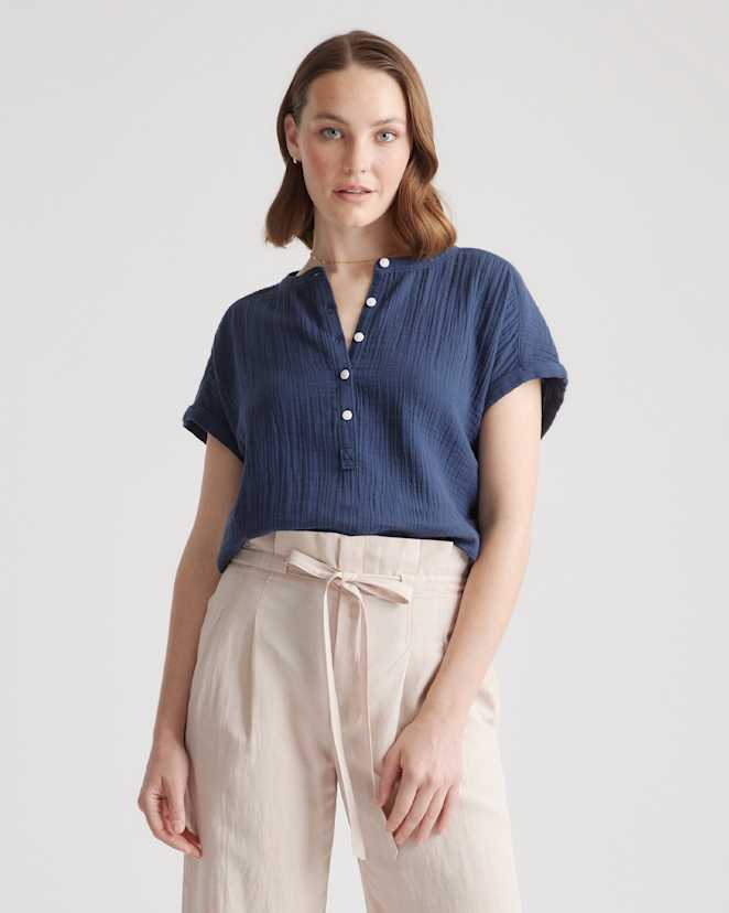Indigo Blue 100% Organic Cotton Gauze Roll Sleeve Shirt