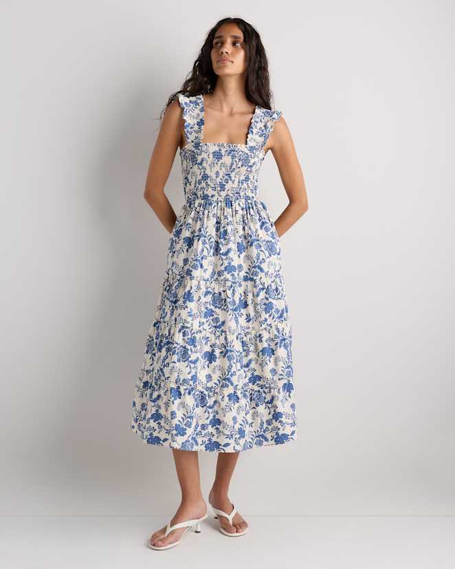 Riviera Blue Heirloom Floral 100% Organic Cotton Poplin Smocked Midi Dress