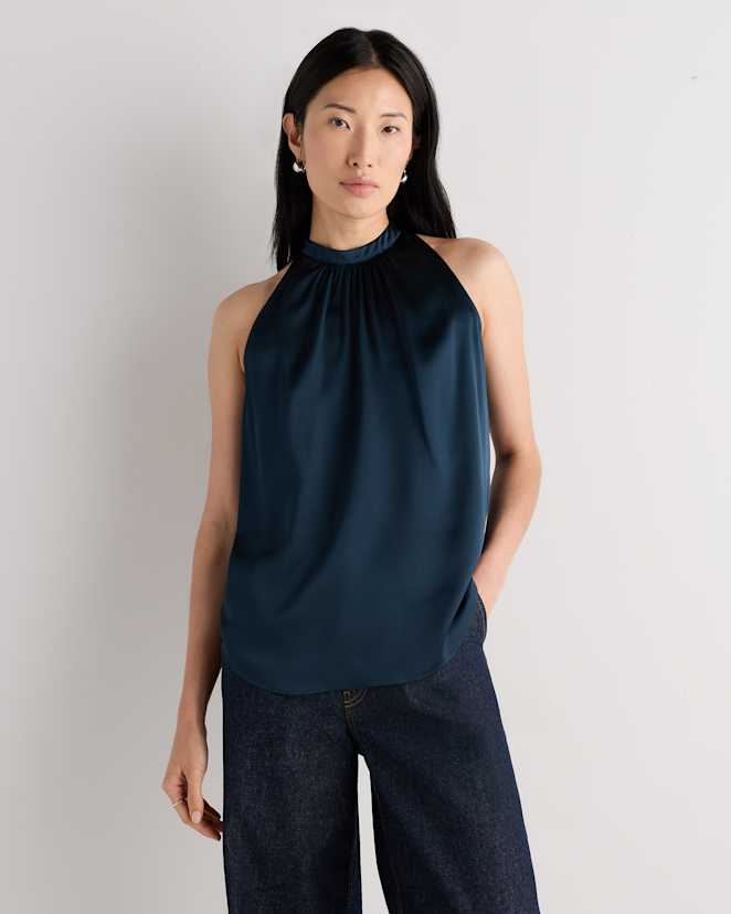 Stratus Blue 100% Washable Silk Halter Top