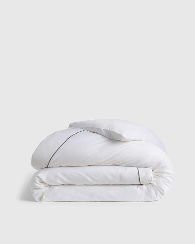 White/Dried Sage Signature Giza Cotton Sateen Embroidered Duvet Cover