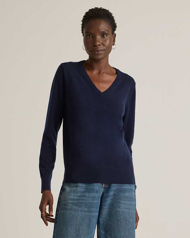 True Navy Mongolian Cashmere V-Neck Sweater