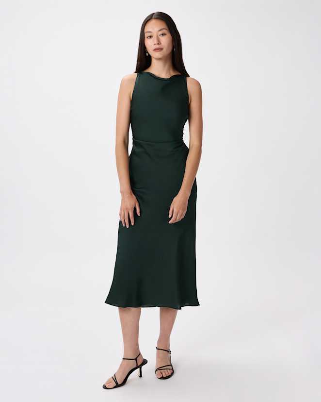Forest Green Washable Stretch Silk High Neck Midi Dress