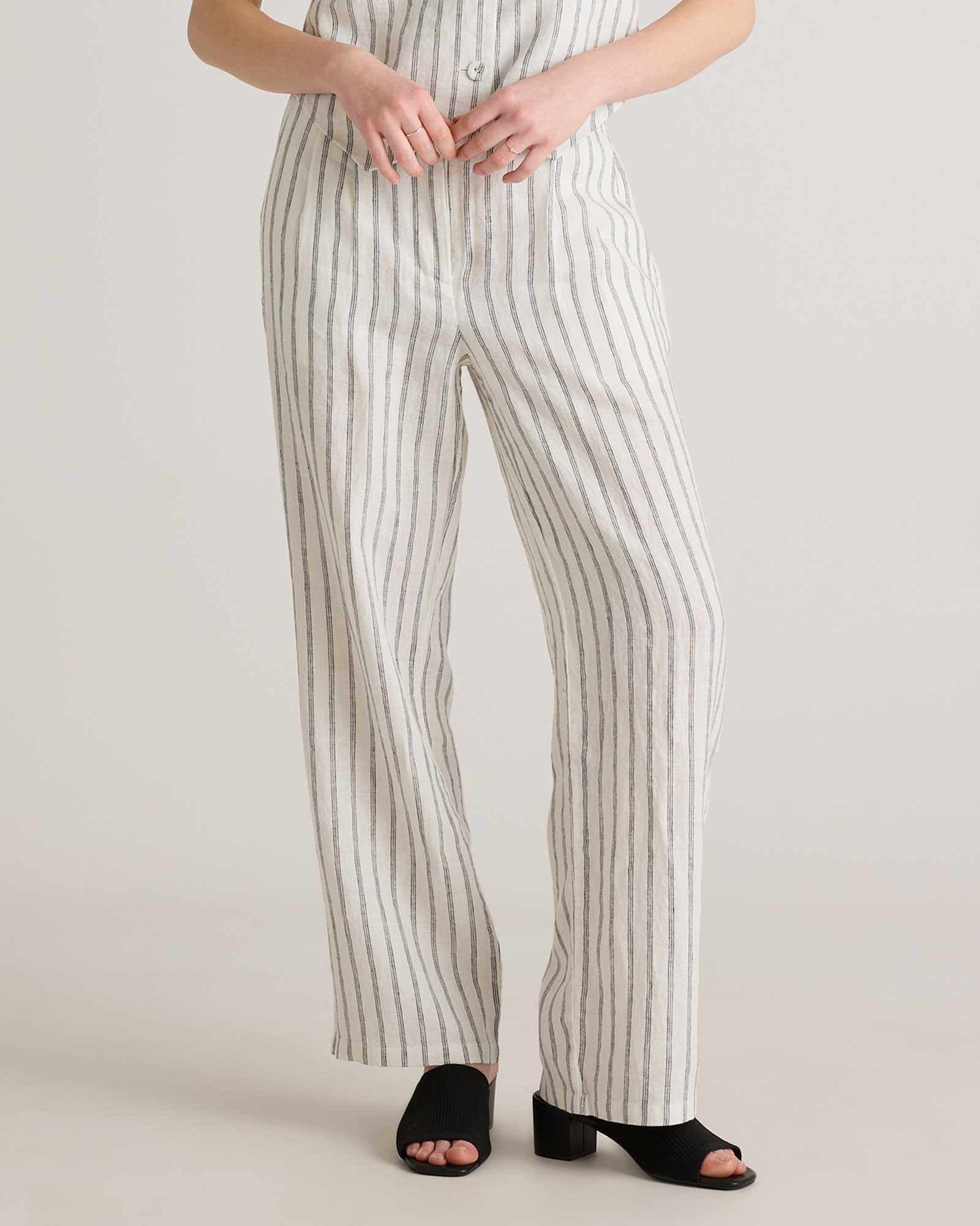 Oatmeal / Black Stripe 100% European Linen Pleated Trouser