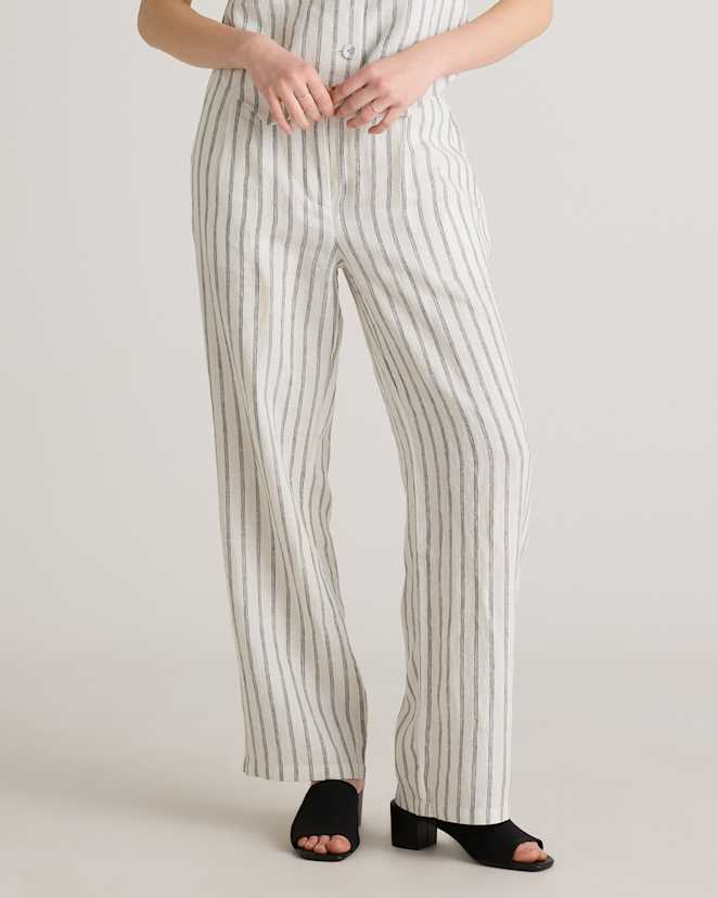 Oatmeal / Black Stripe 100% European Linen Pleated Trouser