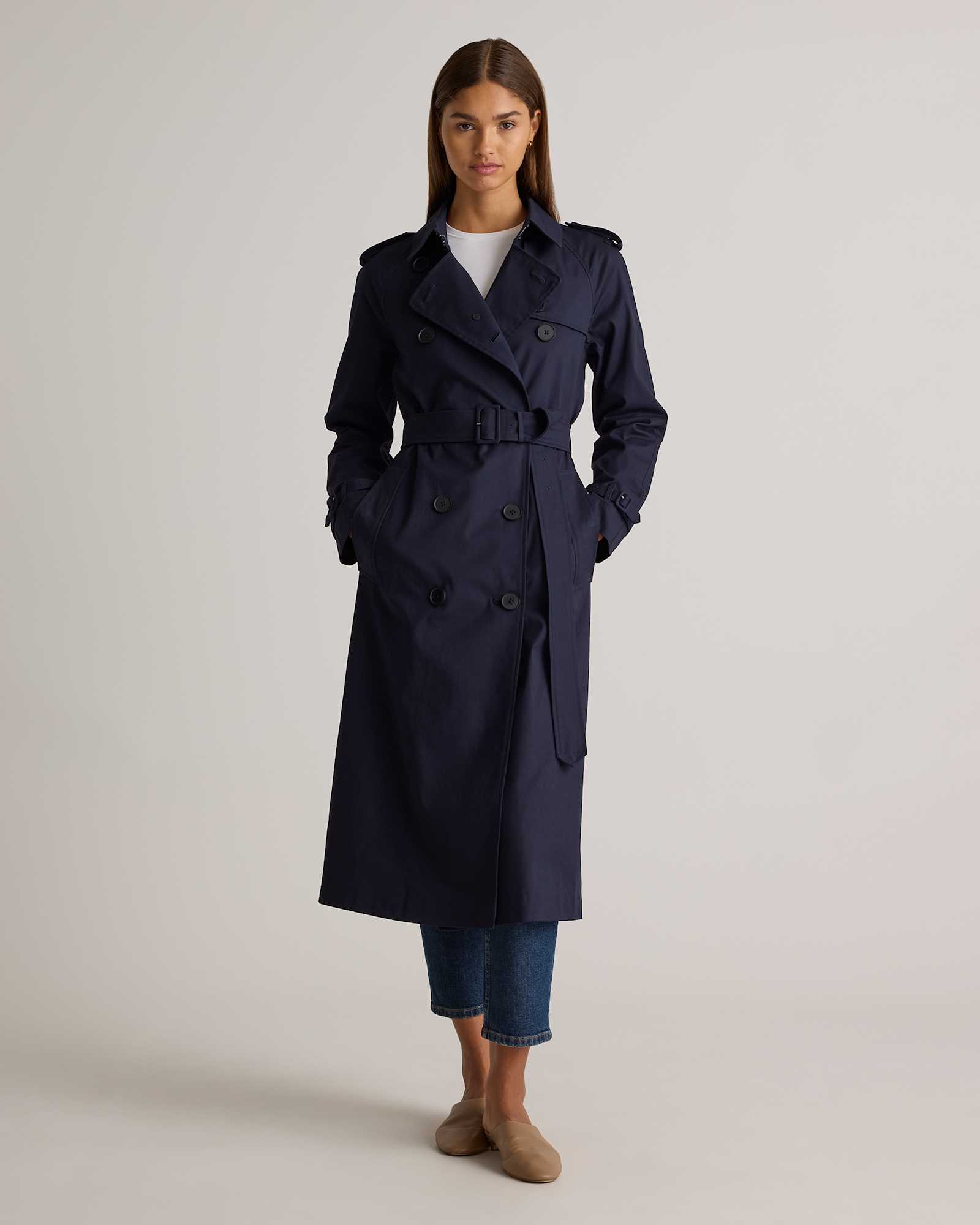 navy Comfort Stretch Long Trench Coat