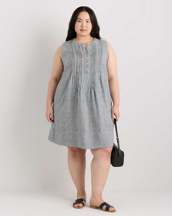 Classic Mini Gingham 100% European Linen Sleeveless Swing Dress