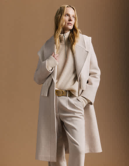 Heather Bone 100% Merino Wool Shawl Collar Long Coat