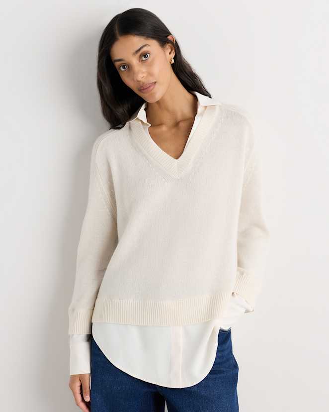 Ivory 100% Mongolian Cashmere Layered V-Neck Sweater