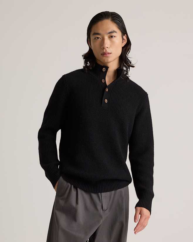 Black Mongolian Cashmere Waffle Quarter Button Sweater