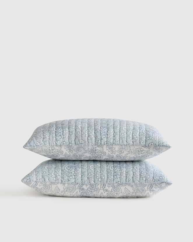 Blue Organic Cotton Block Print Quilted Sham Set
