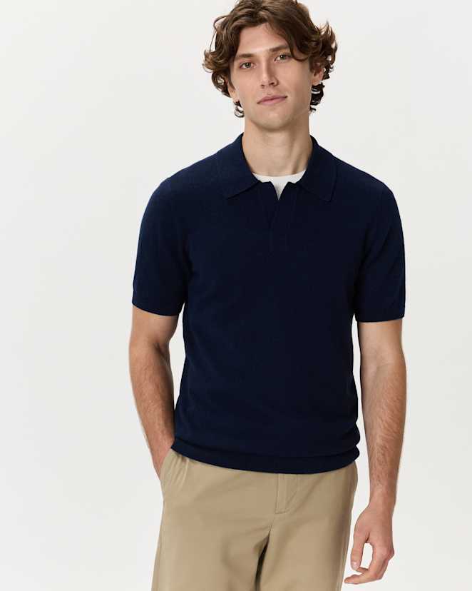 True Navy 100% Mongolian Cashmere Johnny Collar Polo Sweater