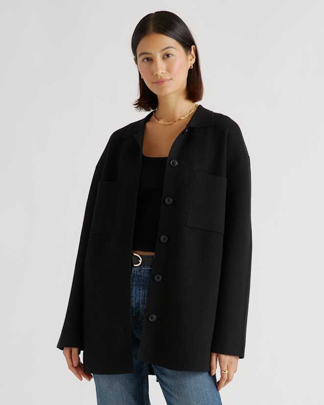 Black Eco-Knit Milano Stitch Oversized Shirt Jacket