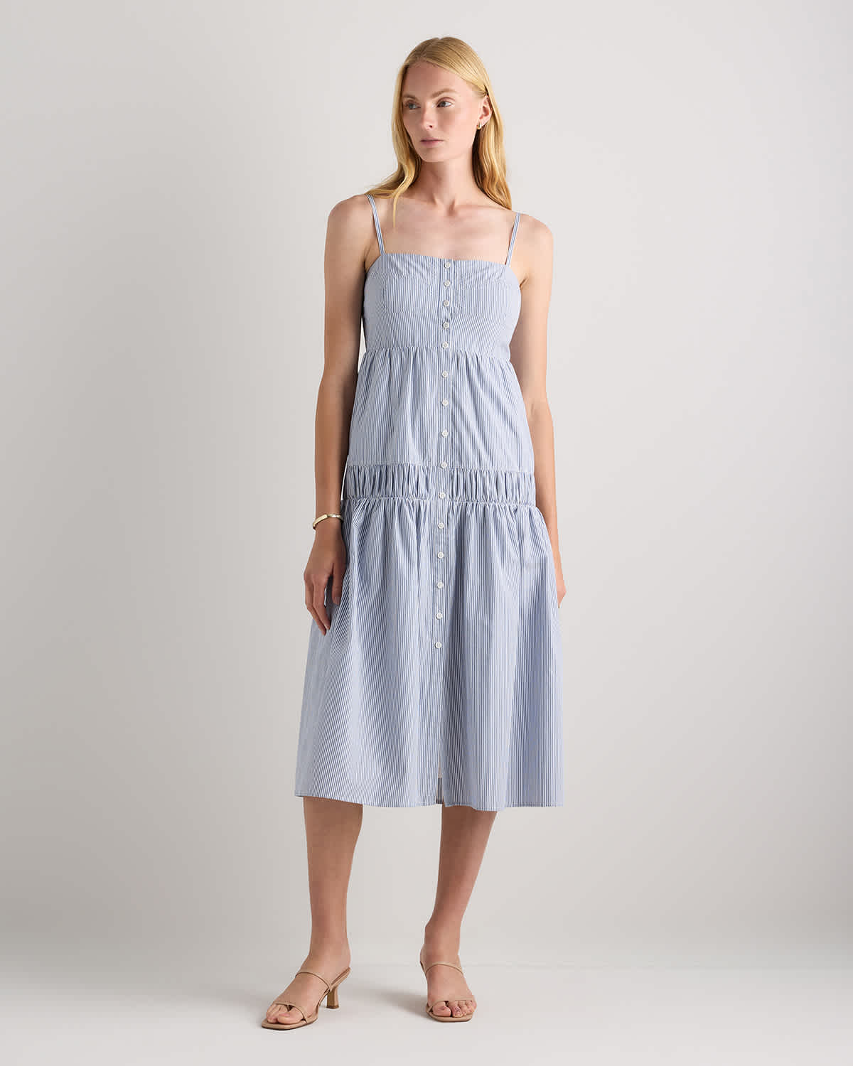 Light Blue Stripe 100% Organic Cotton Poplin Spaghetti Strap Maxi Dress
