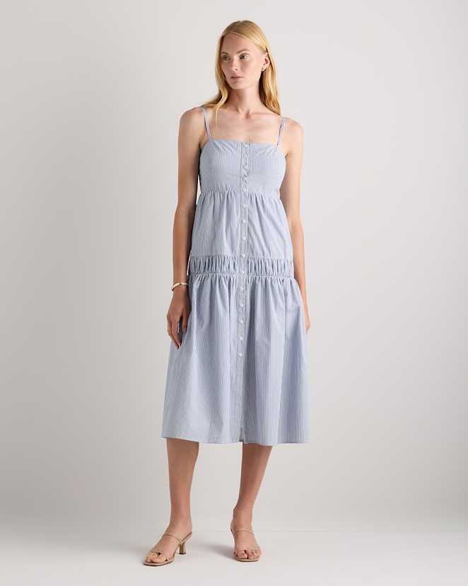 Light Blue Stripe 100% Organic Cotton Poplin Spaghetti Strap Maxi Dress