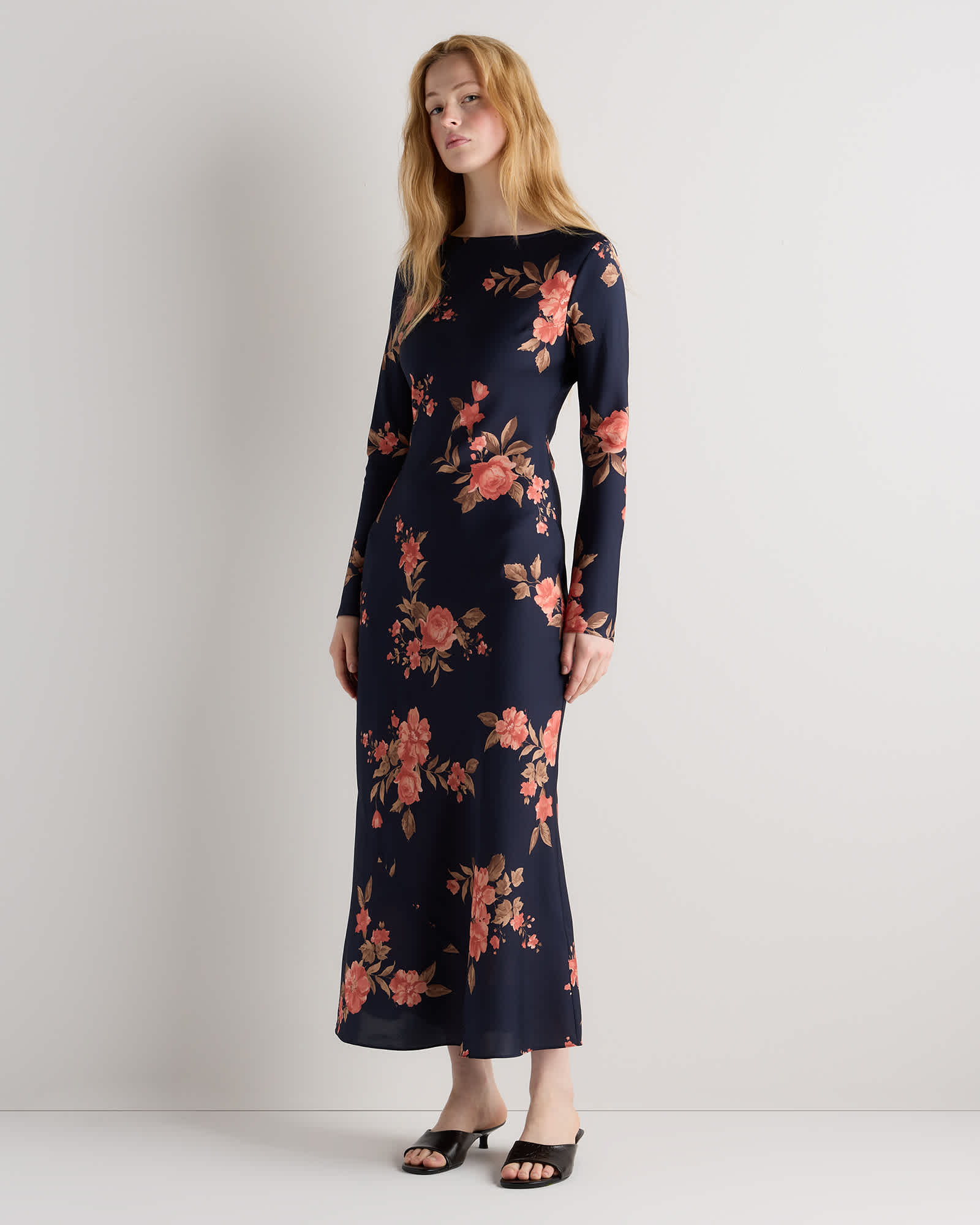 Vintage Navy Roses Washable Stretch Silk Long Sleeve Maxi Dress